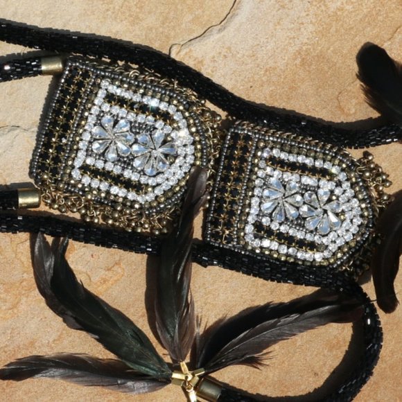 Handmade Bejeweled Necklace Double Medallion Long Tribal Feather Multi Strand - Picture 10 of 10